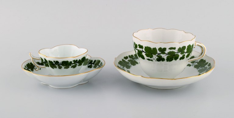 Meissen Green Ivy Vine Leaf mokka- og tekop i håndmalet porcelæn med guldkant. 1920/30