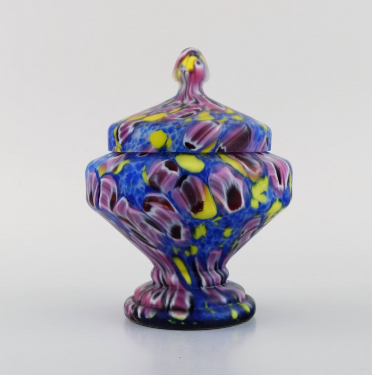 Art deco lidded jar in polychrome mouth-blown art glass on a metal base. Italian style, 1930s / 40s.