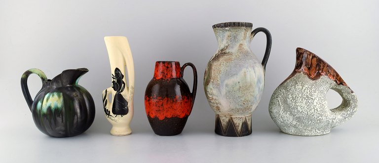Five retro jugs in glazed ceramics. Beautiful glazes and shapes. Belgium, 1960s / 70s.