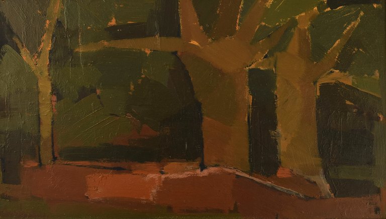 Ebbe Eberhardson (b. 1927), Sweden. Oil on board. Modernist landscape. 1960s.