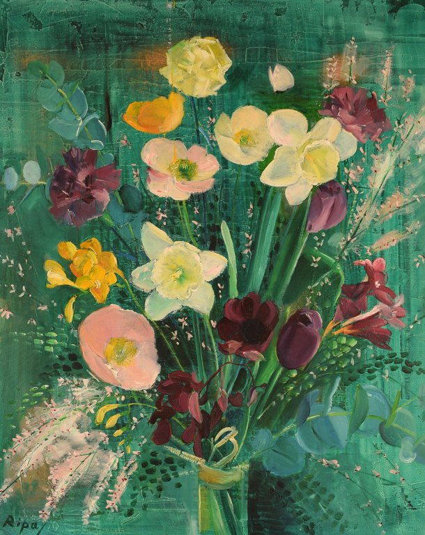 Hans Ripa (1912-2001), Swedish artist. Oil on canvas. Arrangement with flowers. 1970