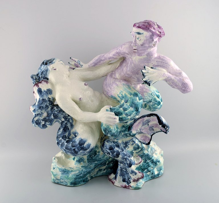 Jean René Gauguin for Bing & Grøndahl. "Play of the Waves". Giant sculpture in hand-painted glazed stoneware in the form of a mermaid and merman. 1920s / 30s.