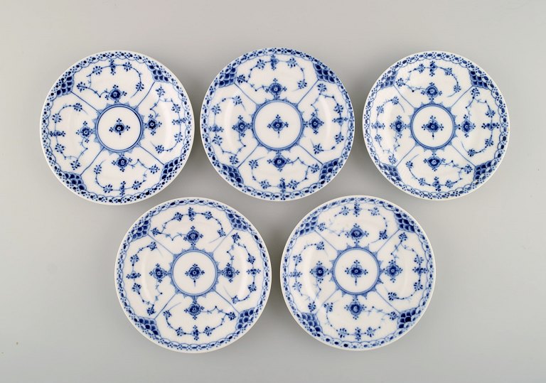 Five antique Royal Copenhagen Blue Fluted Half Lace cake Plates. Model number 1/653. Dated 1889 - 1922.
