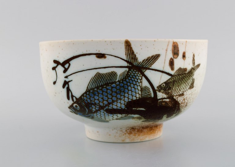 Nils Thorsson for Royal Copenhagen. Bowl in glazed faience with fish motifs. 1970