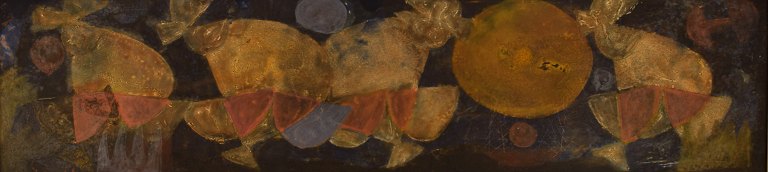 Erling Andersen (f. 1937), Danmark. Olie på plade. "Parringsdans". Dateret 1965.
