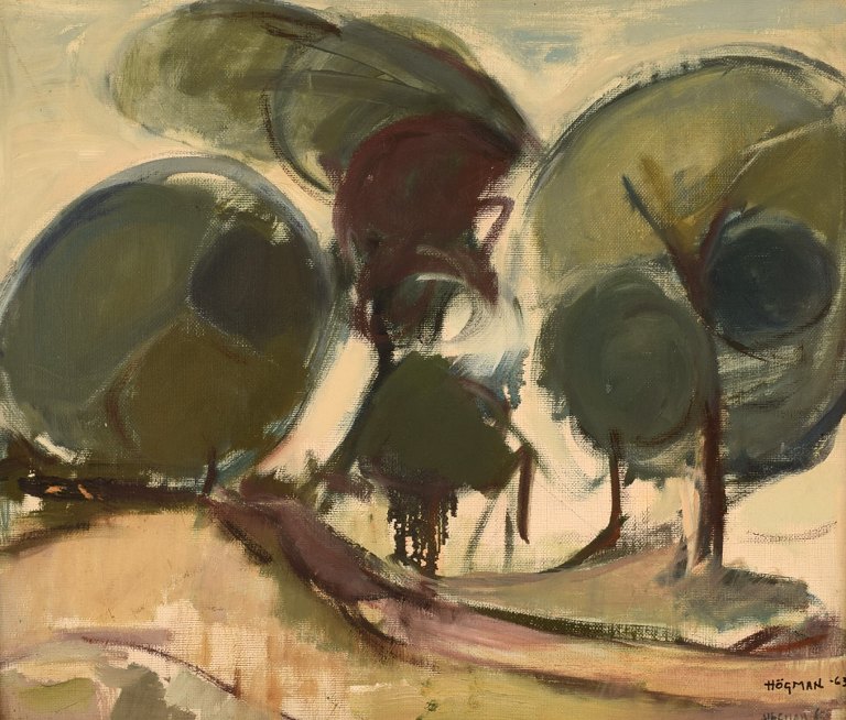 Ragnar Högman (1891-1976), Sweden. Oil on canvas. Modernist landscape with trees. Dated 1963.