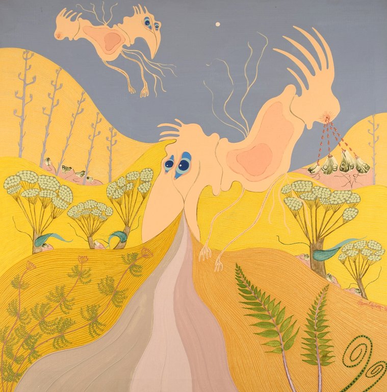Hans Elfving, Sweden. Oil and collage on canvas. Surrealistic landscape with fantasy creatures. Dated 1978.
