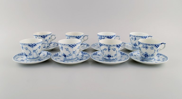 Eight Royal Copenhagen Blue Fluted Half Lace coffee cups with saucers. Model number 1/719.