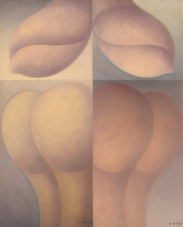 R. Wagner. Europæisk kunstner. Olie på plade. Geometrisk komposition. Dateret 1970.