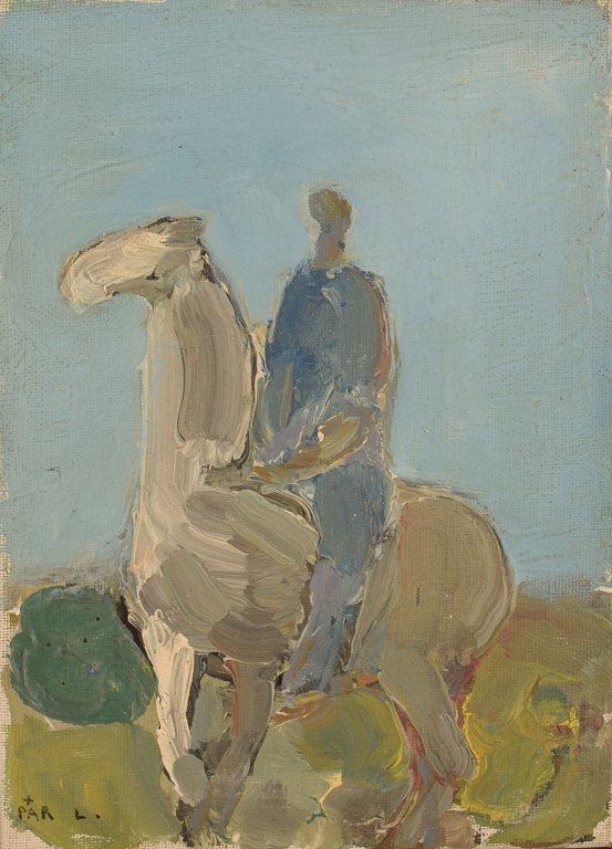 Pär Lindblad (1907-1981), svensk kunstner. Olie på lærred. Mand på hest. Midt 1900-tallet.