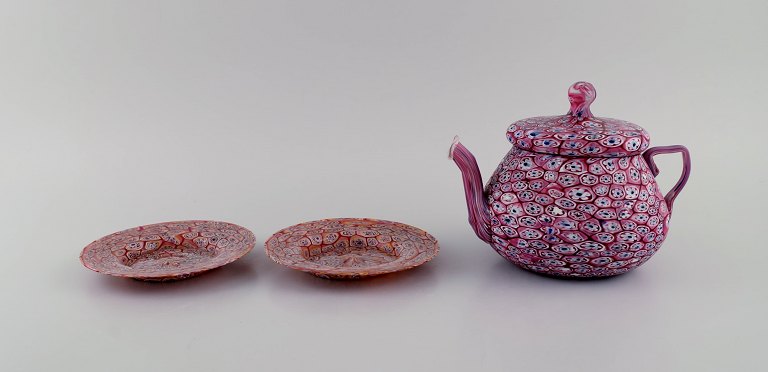 Rare Murano Mille Fiori teapot and two bowls in mouth blown art glass. 1960s.