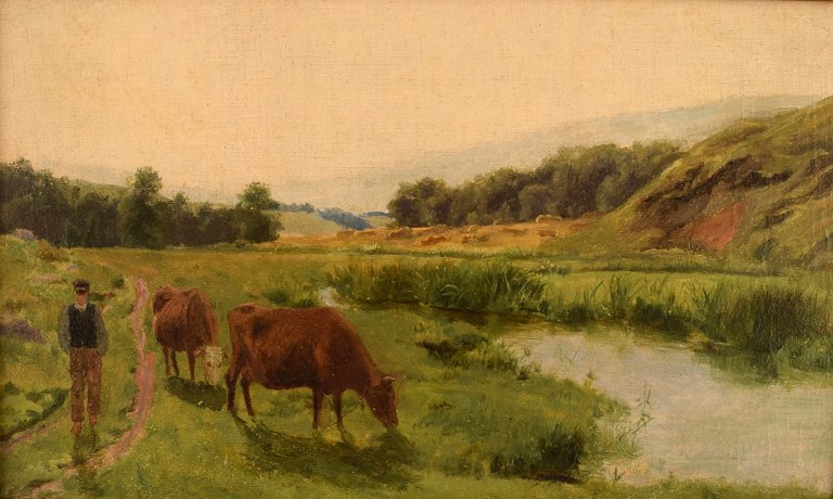 Peter Adolf Persson (1862-1914). Swedish painter. Oil on canvas. Grazing cows by a river bank. Ca. 1900.