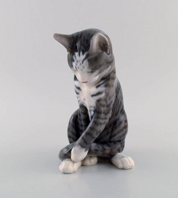 Erik Nielsen for Royal Copenhagen. Porcelænsfigur. Gråstribet kat. Modelnummer 1025/340. Dateret 1950.