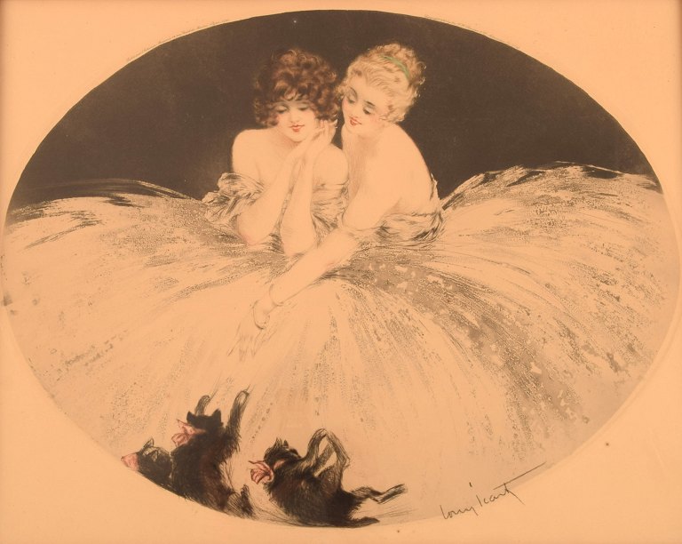 Louis Icart (1888-1950). Radering på papir. To unge kvinder leger med killinger. 1930