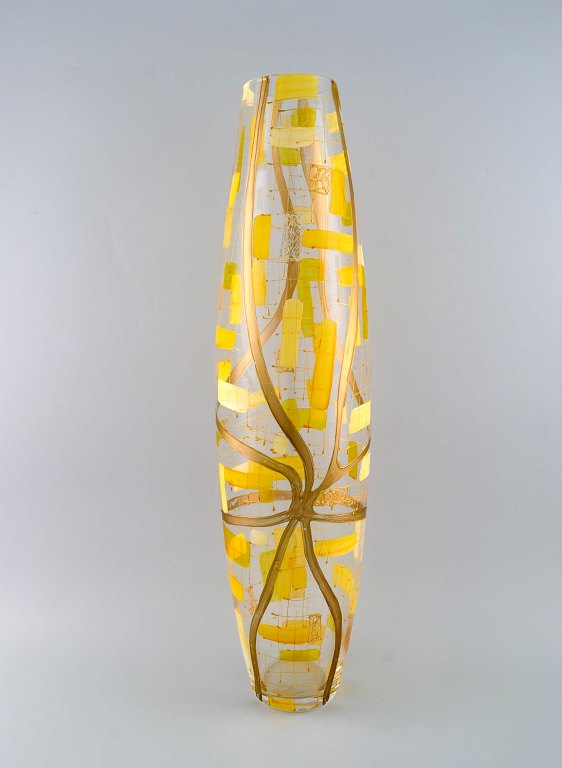 Large floor vase in mouth blown art glass. Hand-painted geometric pattern in gold and yellow. 1960