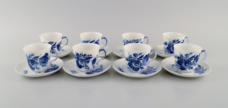 Eight Royal Copenhagen Blue flower Curved espresso cups with saucers. Model number 10/1546.