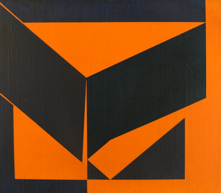 Leo Arnak Pedersen (f. 1937), dansk kunstner. Akryl på lærred. Konkret komposition. Dateret 2008.