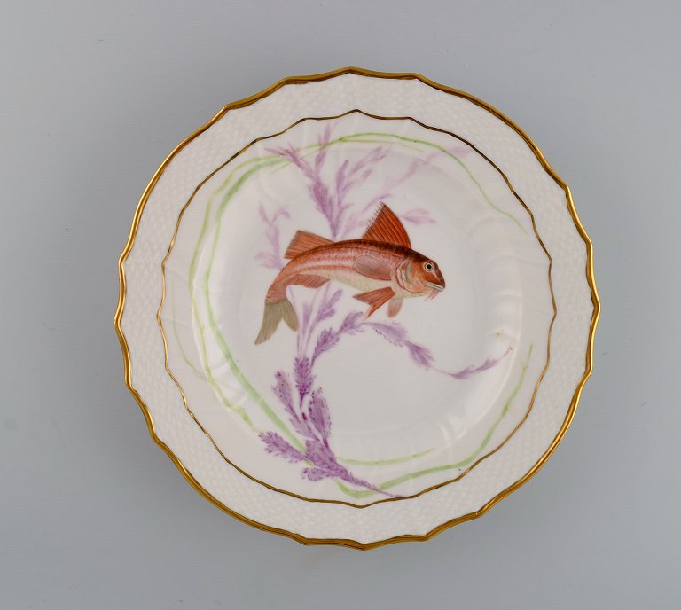 Royal Copenhagen porcelain dinner plate with hand-painted fish motif and golden border. Flora / Fauna Danica style. Dated 1955.