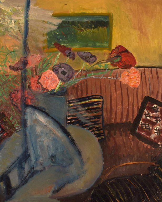 Dagny Cassel (1908-1988), Sweden. Oil on canvas. Modernist interior with flowers. Mid-20th century.
