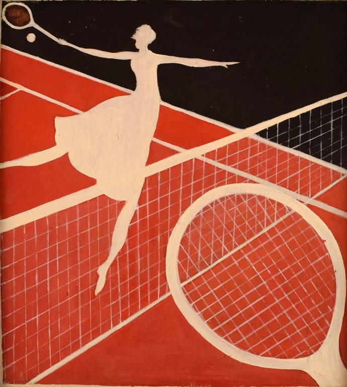 Ubekendt kunstner. Olie på plade. Kvinde spiller tennis. Art deco, midt 1900-tallet.