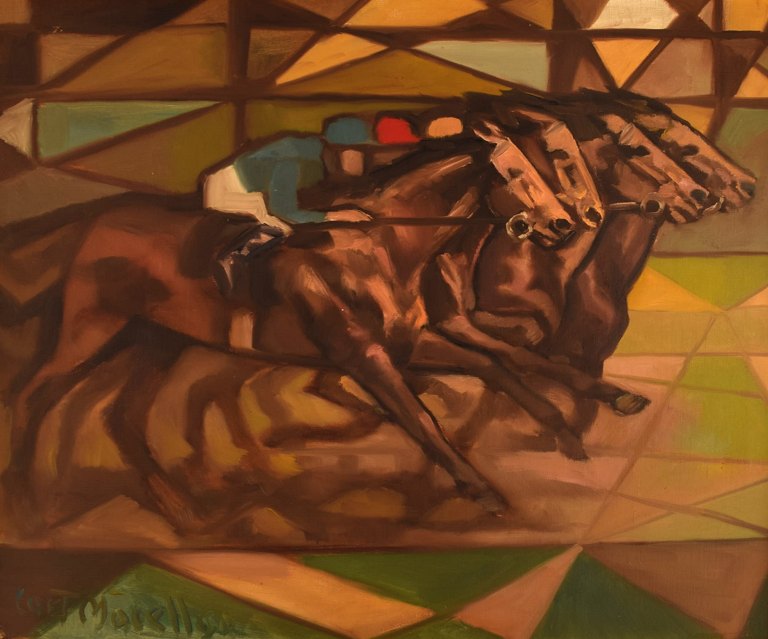 Curt Macell (b. 1933), listed Swedish artist. Oil on canvas. Jockeys on horseback. Cubist painting. Mid-20th century.