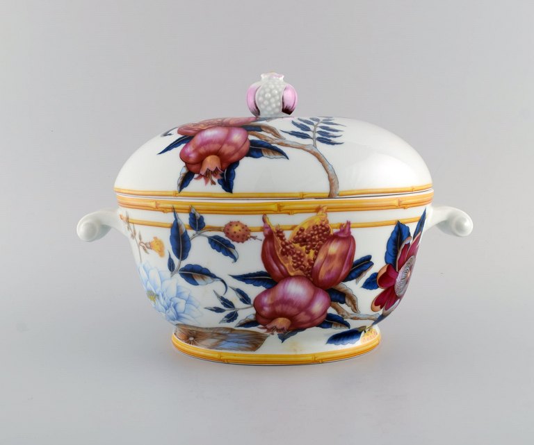 Porcelain of Paris. "Tropical Aurore". Porcelain lidded tureen decorated with flowers, pomegranates and bamboo. 1980s.
