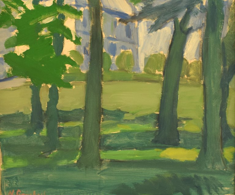 Niels Grønbech (1907-1991), Danish painter. Oil on canvas. Modernist park motif with trees. 1960/70
