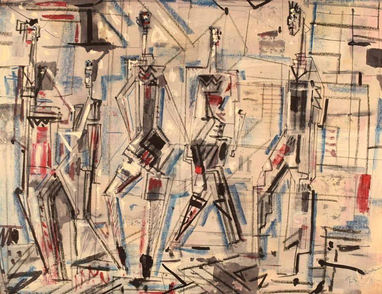 Fritz Huhnen (1895-1981), tysk kunstner. Mixed media på lærred. Fem personer. Midt 1900-tallet.
