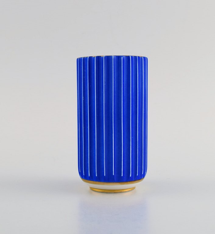 Early blue Lyngby porcelain vase in with gold decoration. Mid 20th century.