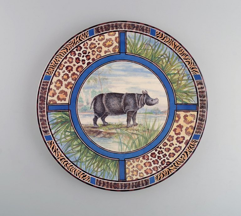 Gien, France. Large Savane porcelain dish with hand-painted rhinoceros. Late 20th century.
