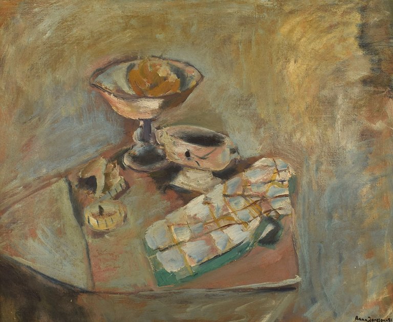 Anna Jansson, svensk kunstner. Olie på lærred. Modernistisk stilleben. Dateret 1981.