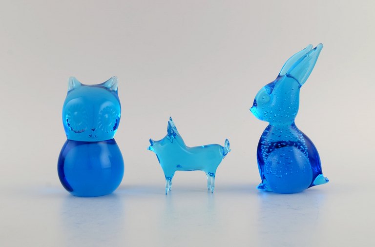 Ronneby, Sweden. Three figures in blue mouth-blown art glass. Owl, rabbit and pig. 1970s.