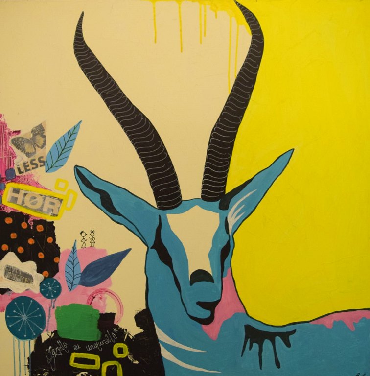 Mie Majgaard, listed Danish artist. Large painting. Mixed media on canvas. "Gazelle". Dated 2013.