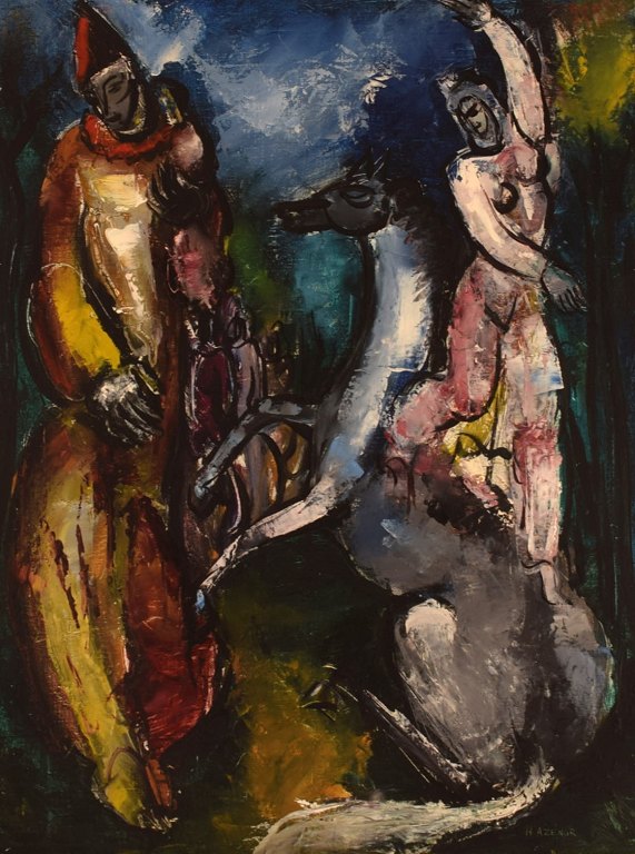 Hélène Azenor (1910-1999), fransk kunstner. Olie på lærred. Abstrakt cirkusscene. 1970