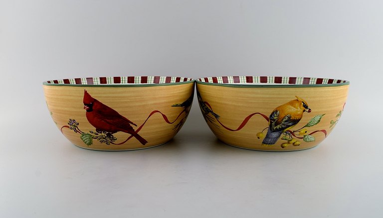 Catherine McClung for Lenox. "Winter greetings everyday". Two large bowls in glazed stoneware decorated with mistletoe, birds and red ribbon. Approx. 2000.