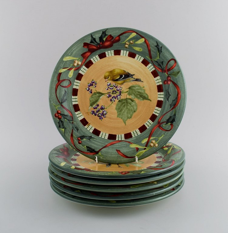 Catherine McClung for Lenox. "Winter greetings everyday". Six dinner plates in glazed stoneware decorated with mistletoe, birds and red ribbon. Approx. 2000.