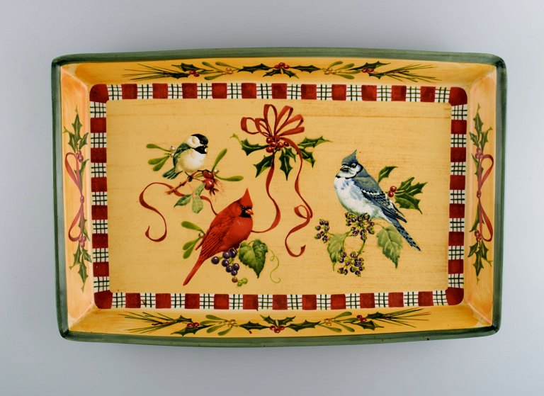 Catherine McClung for Lenox. "Winter greetings". Large serving dish in glazed stoneware decorated with mistletoe and birds. Approx. 2000.