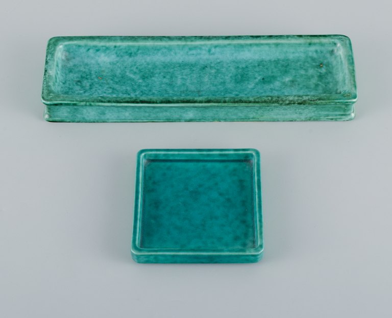 Wilhelm Kåge for Gustavsberg, Sweden. Argent. Pen tray and bottle holder in glazed ceramic.