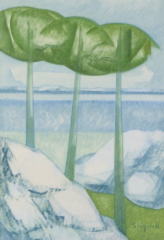 Sven Lignell, svensk kunstner.Modernistisk landskab.Olie på lærred.