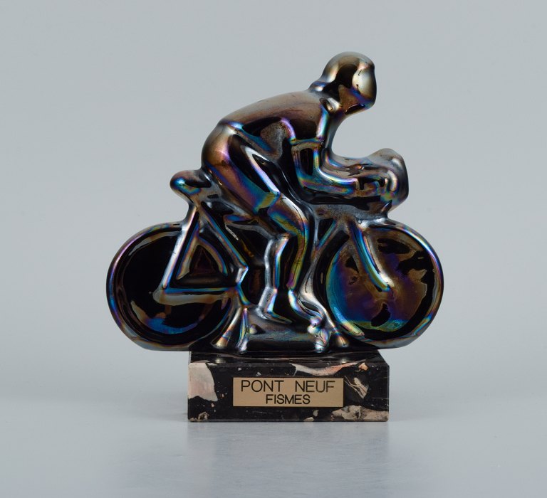 Rambervillers, French ceramic sculpture in the form of a cyclist with beautiful eosin glaze.