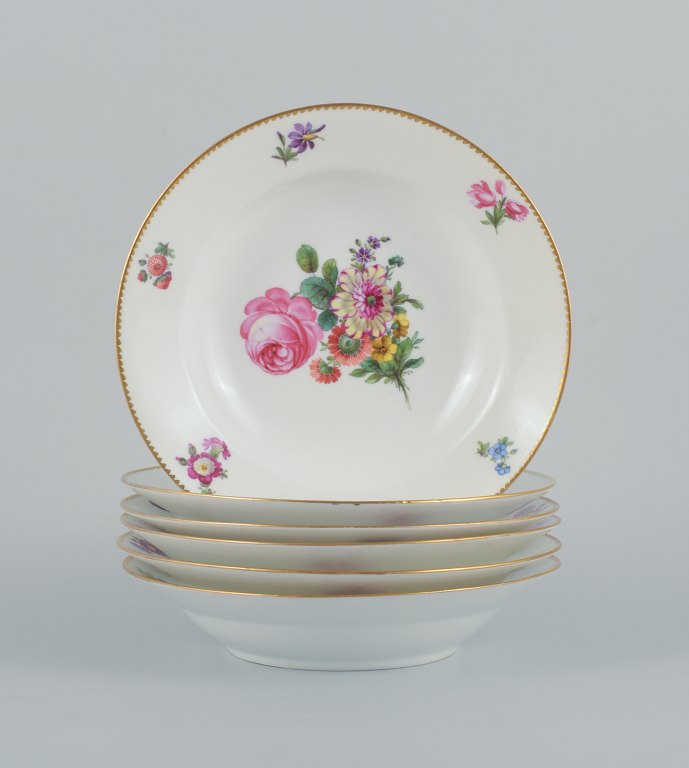 B&G, Bing & Grondahl Saxon flower.Six deep plates decorated with flowers and gold rim.