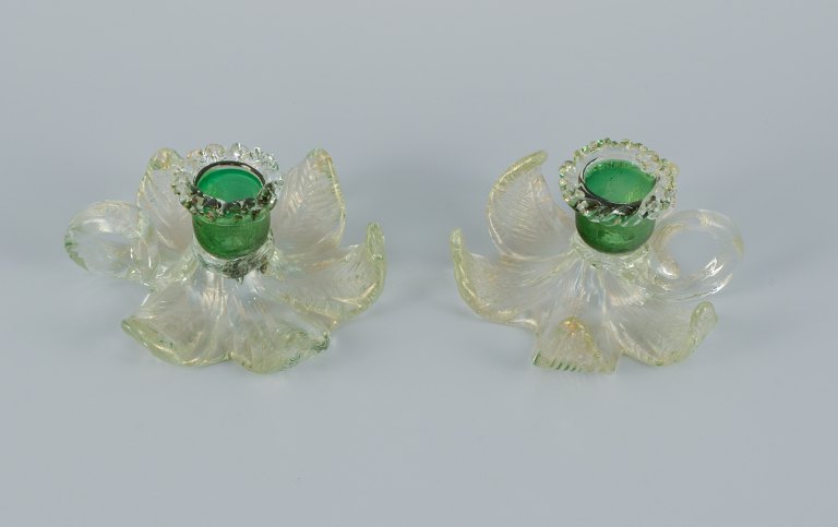 Murano, Italy.A pair of low chamber stands in green and clear art glass.
