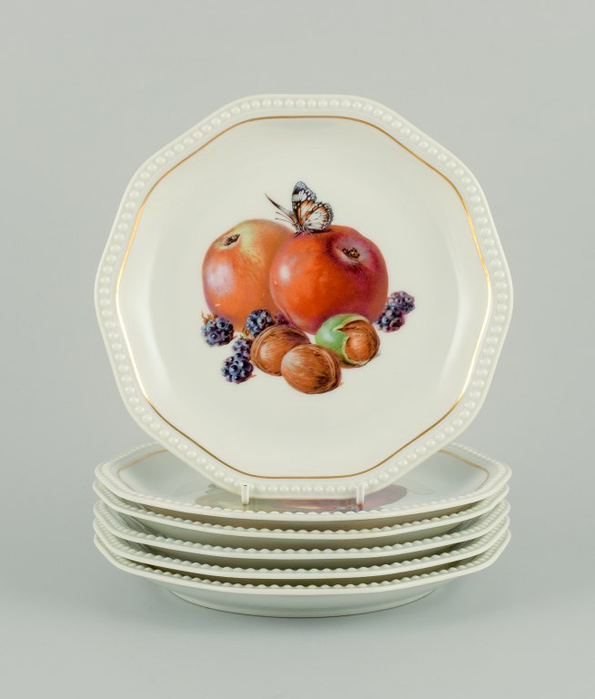 Rosenthal, Germany, six plates hand painted with fruits, butterflies and gold decoration.