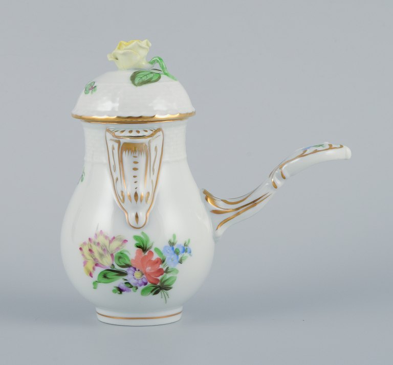 Herend, small chocolate jug with handle hand-painted with flowers. Yellow rose in relief on the lid.