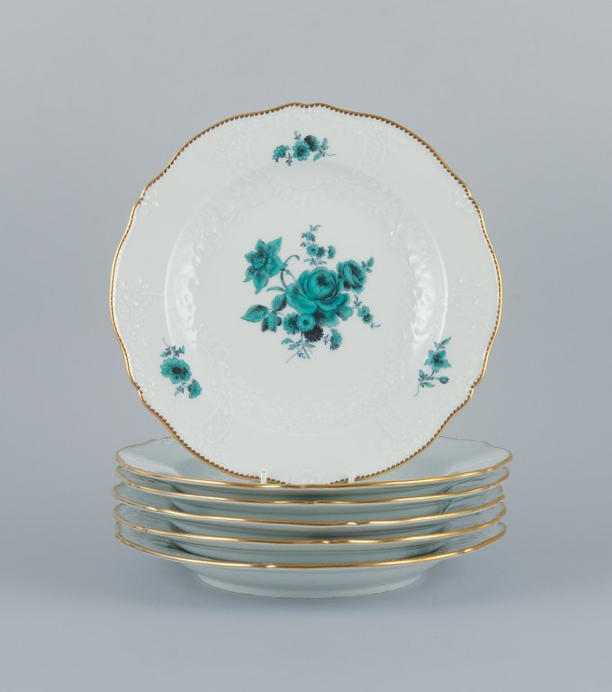 Meissen, Germany, a set of six "Neu Marseille" dinner plates hand painted with green flowers and gold trim.