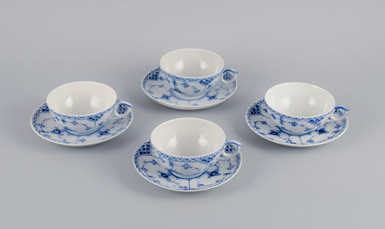 Royal Copenhagen, Blue Fluted half lace, four pairs of teacups.Model 1/525.
