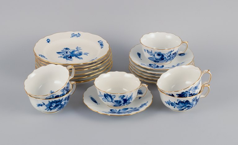 Meissen, Germany, tea set for six.Hand painted in blue with flowers and insects. Gold decoration on edges.