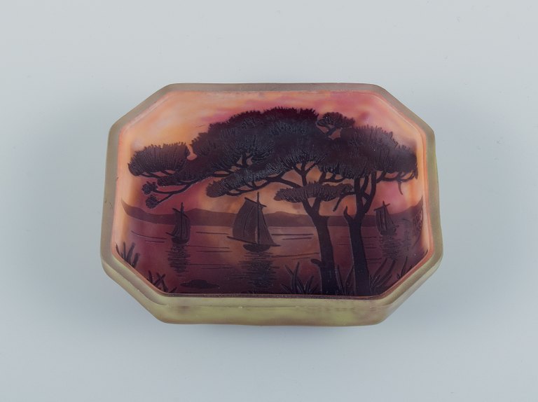 Daum, Nancy, France, art glass bowl.Landscape motif with sailboats.