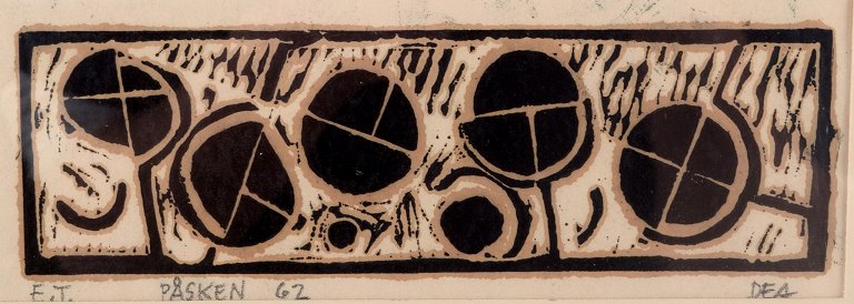 Dea Trier Mørch, listed Danish artist. Woodcut on Japanese paper (washi). Abstract motif.Signed in pencil E.T. - Easter 62 - Dea.