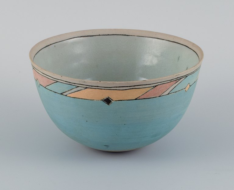 Ane-Katrine von Bülow, Danish contemporary ceramicist.Unique bowl in turquoise with geometric fields.